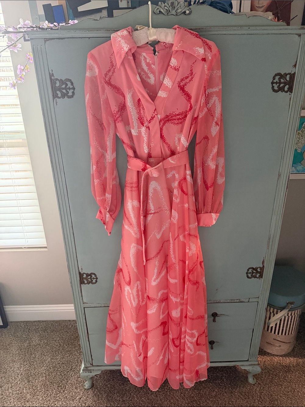 Vintage Coral Pink Printed Long-Sleeve Wrap Maxi Dress